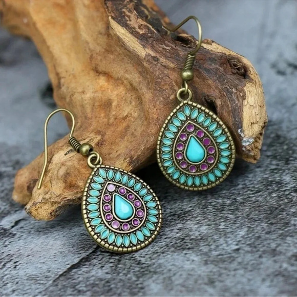 1 LEFT! Boho Turquoise and Purple Drop Hoop Earrings - Picture 4 of 4
